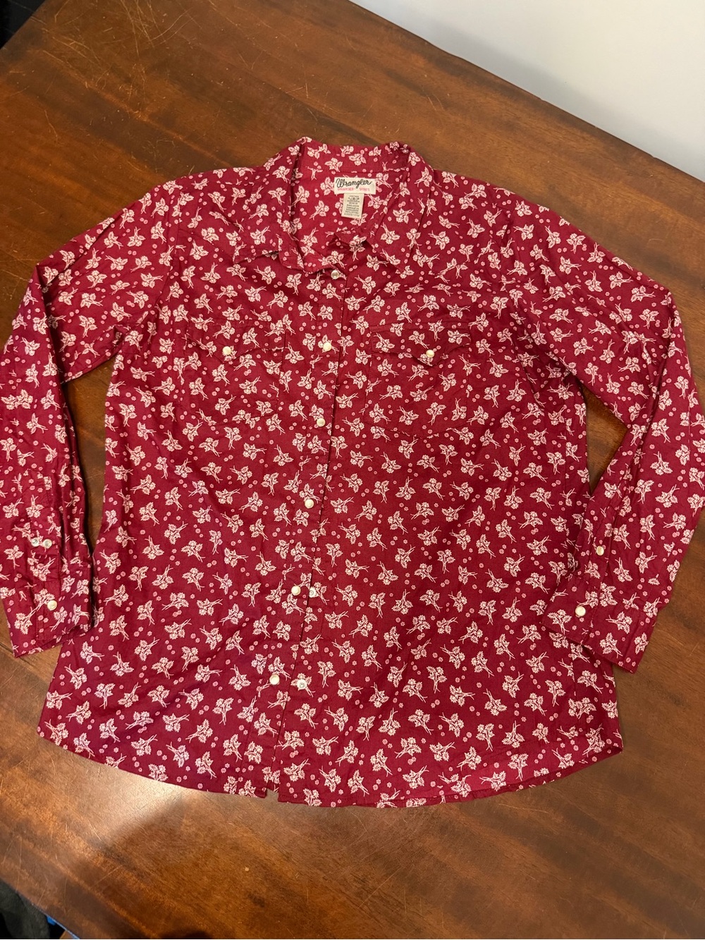Wrangler Burgundy Button-Up Shirt with White Floral Print